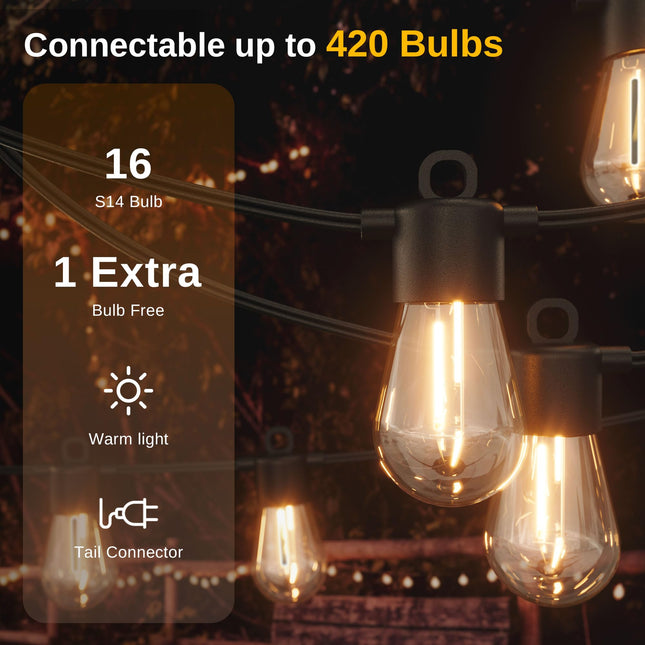EAST OAK Outdoor String Lights LED 48FT, Patio String Lights Waterproof with 15 Shatterproof Vintage Edison Bulbs for Christmas Backyard Porch Party Warmlight