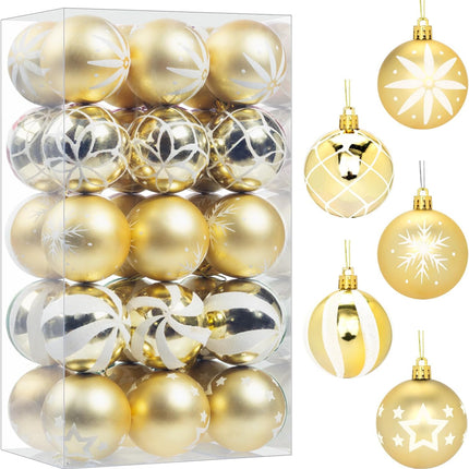 30 Pcs Christmas Ball Ornaments Set, 2.36'' Gold and White Hand-Painted Ornament Bulk for Christmas Tree, Shatterproof Xmas Tree Decorations for Holiday Party, Wreath, Garland, Winter Holiday
