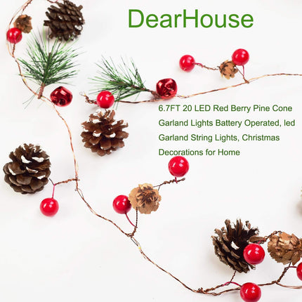 DearHouse 6.7FT Christmas Garland with Lights, 20 LED Red Berry Pine Cone Garland Lights Battery Operated, led Garland String Lights, Christmas Decorations for Home, Garland for Fireplace