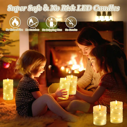 Palmatte 3PCS Fall Christmas Flameless Candles with Remote Timer String Lights 3D Flame, Electric Battery Operated Candles Flickering Fake Led Pillar Candles Fall Decorations for Home Table Room Decor