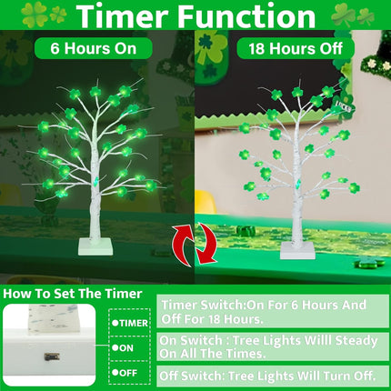 18 Inch Shamrock Tree Lights St Patricks Day Decorations with Timer, Saint Patricks Day Decor Lighted Tree with 24 LED Shamrock Lights, Battery Operated St. Patrick's Day Lights for Home Table Party