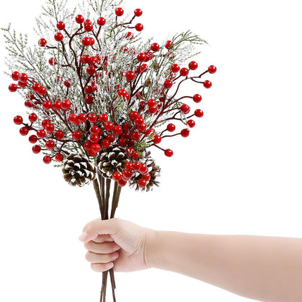 Topotdor Christmas Red Berries Stems Floral Picks, 16 Inch Artificial Pine Branches with Red Berries and Pine Cones for DIY Christmas Garland Wreath Crafts, 6PCS