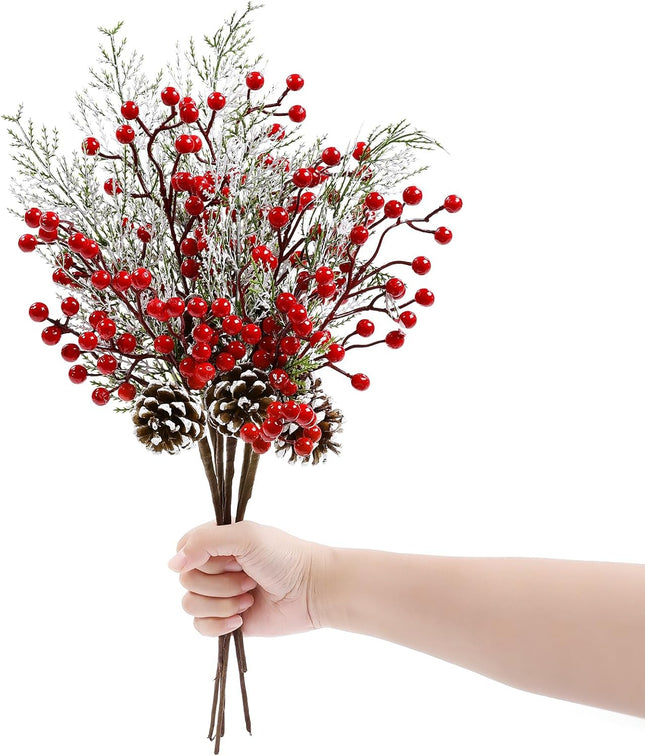 Topotdor Christmas Red Berries Stems Floral Picks, 16 Inch Artificial Pine Branches with Red Berries and Pine Cones for DIY Christmas Garland Wreath Crafts, 6PCS