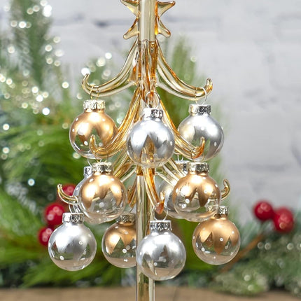Red Co. 8" Small Glass Tabletop Christmas Tree with Removable Ball Ornaments, Silver & Gold Champagne, Holiday Season Décor