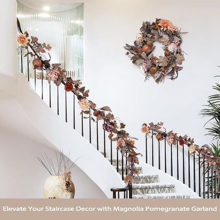 Artgar 6 FT Fall Garland - Fall Leaf Garland, Magnolia Pomegranate Garland with Pine Cones for Fall Harvest Thanksgiving Farmhouse Decorations, Dining Table Mantle Fireplace Porch Indoor Outdoor Decor