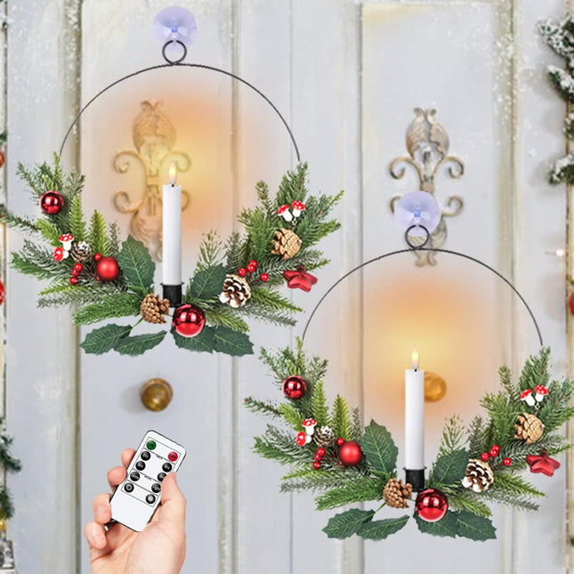 Wondise Flameless Candles with Remote and Timer Wreaths, Real Wax Battery Operated Wreaths with LED Flickering 3D Flame, Christmas for Front Door Window Holiday Christmas Decor