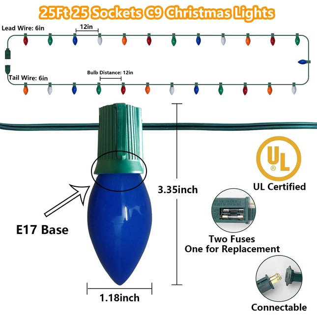 25Ft Multicolor Christmas Lights, C9 Vintage Christmas Lights with 26 Ceramic Multicolor Bulbs, Traditional Christmas Lights for Outdoor Roofline Garden Patio Party Wedding Christmas Decor