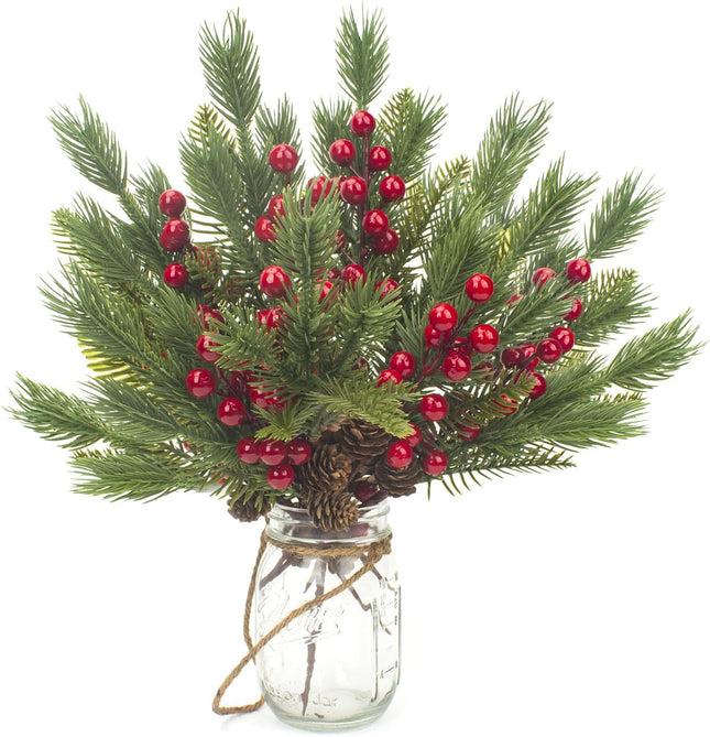 Grunyia 10 Pcs Artificial Pine Cone Picks and Red Berry Mini Artificial Pine Tree for Christmas Party Flower Wreaths and Holiday Decorations