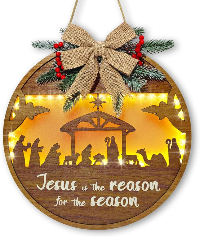 Christian Christmas Decorations: Christmas Door Sign, Rustic Wood Religious Nativity Scene Christmas Wreath with Lights for Front Door Wall Porch, Farmhouse Jesus Birth Xmas Decor Ornaments for Home