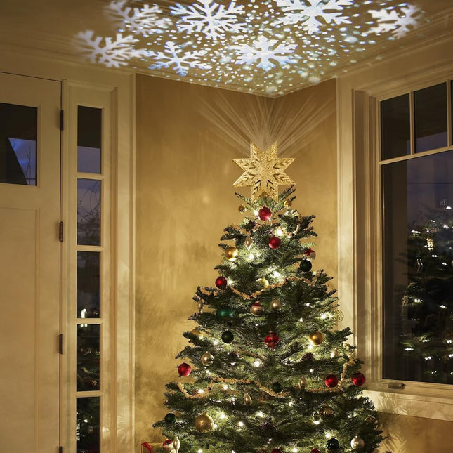 PHITRIC Christmas Tree Topper, 8" Gold Christmas Tree Star with Projector Lights, 8-Pointed Lighted Star Tree Topper, White Snow Projection Tree Toppers Christmas Decorations for Xmas Tree