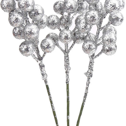 DIYASY Silvery Berry Stems for Christmas Tree Ornaments,20 Pcs 7.8 Inch Artificial Glitter Christmas Tree Picks,DIY Xmas Wreath, Holiday and Home Decoration