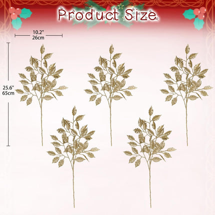 25.6" Christmas Glitter Leaves Stems, 5Pcs Artificial Champagne Leaf Spray Leaf Picks Tall Large for Christmas Tree DIY Xmas Wreath Garland Arrangment Vase Table Centerpieces Decoration Home Decor