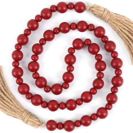 Yagoo Wood Bead Garland with Tassels, Farmhouse Rustic Decor Prayer Beads Boho Tassel Garland Decorative Beads for Home Decor (Burgundy)