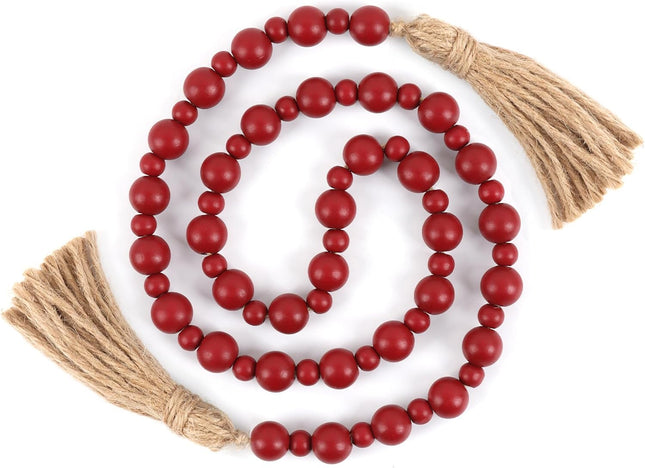 Yagoo Wood Bead Garland with Tassels, Farmhouse Rustic Decor Prayer Beads Boho Tassel Garland Decorative Beads for Home Decor (Burgundy)