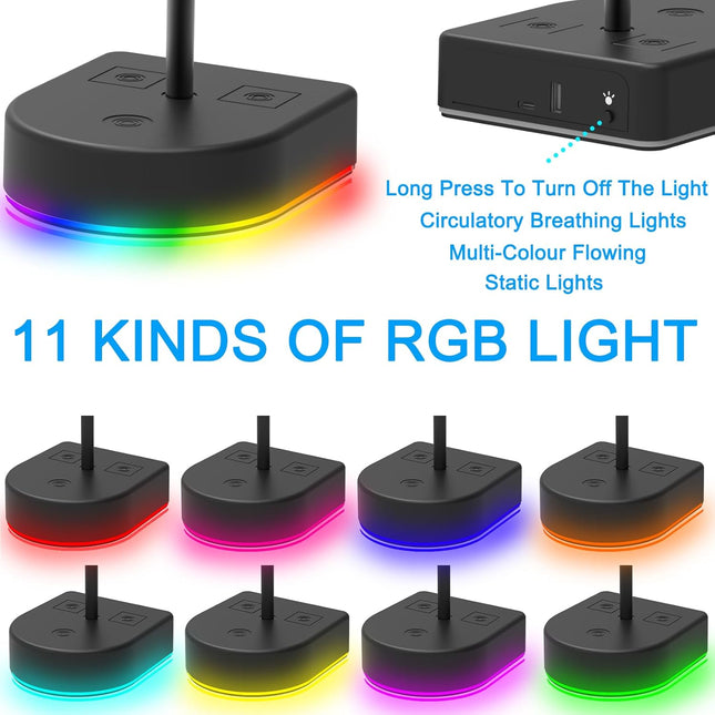 RGB Headphone Stand with USB Charging Port or Hub, Desk Gaming Headset Holder, Durable Hanger Rack Suitable for Desktop Table, Game,Earphone, PC, Gamer Accessories (Black)