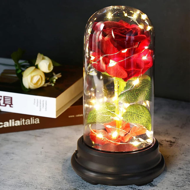 Enchanted Red Silk Rose,Beauty and the Beast Rose with Fallen Petals in A Light Dome,Home/Office or Home Decorations, Anniversary, Valentine's Day Christmas