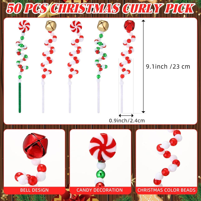 Tigeen 50 Pcs Christmas Curly Pick White Christmas Picks Bells Candy Cane Christmas Decorations Christmas Tree Picks for Xmas Tree Topper Decor Home Office Crafts Party Ornaments (Xmas Color)