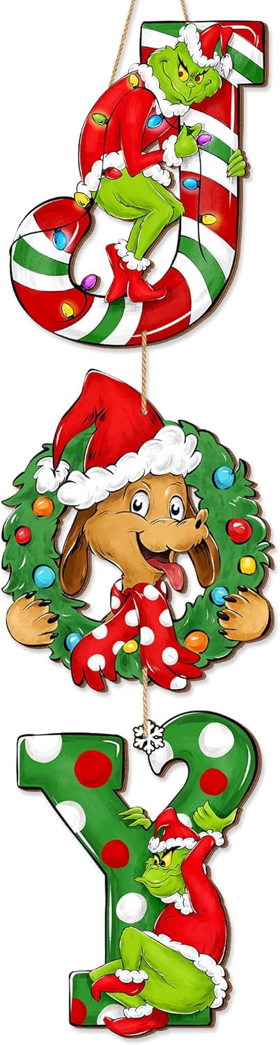 Christmas Joy Door Sign Decorations Watercolor, Merry Grinchmas Dog Wreath for Front Door, Wooden Joy Ornaments Wall Sign Door Hanger for Xmas Party Winter Home Holiday Decor 3 Plaques Green