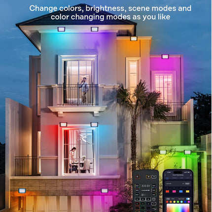 LED Flood Light Outdoor, 36W RGBCW Landscape Lighting Wired with APP & Remote Control, IP66 Color Changing Uplight Patio Lights Holiday Lights with Timer for Yard Garden Patio (4 Pack)