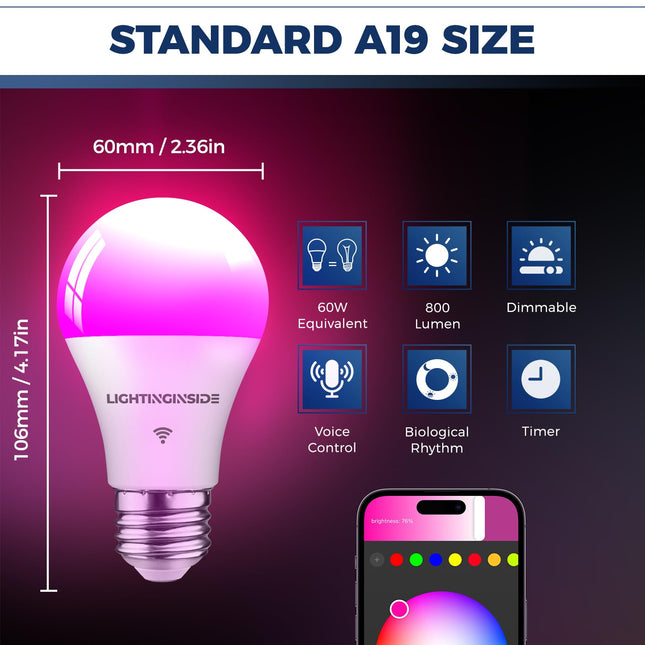 Smart Light Bulbs 60W Equivalent, WiFi Smart Bulb Compatible with Alexa/Google Assistant/Smart Life, A19 E26 RGBCW Color Changing, No Hub Required,2.4G WiFi, ETL Listed, 9W 800LM, 6PCS