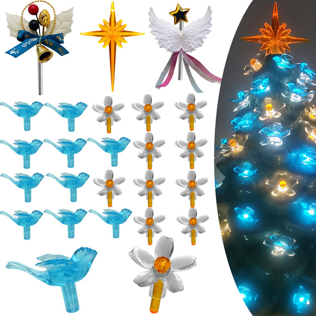 153Pcs Ceramic Christmas Tree Replacement Poinsettia Clear Bulbs-50 Clear Flower Lights＆50 Plastic Gold Berrys Tree Pegs＆50 Aqua Cardinal Birds Knob Decor for Glazed Tabletop Porcelain Trees,Etc.