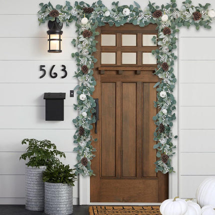 TEMPUS White Pumkin Garland 5.9Ft Artificial Eucalyptus Garland with Pumpkins Pine Cones Lamb Ear Leaves Garland for Wedding Arch Backdrop Thanksgiving Table Farmhouse Decor