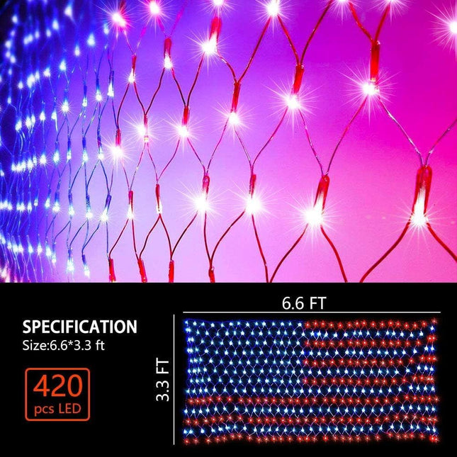 PUHONG American Flag Lights, 420 LED USA Flag Net Lights, Outdoor Waterproof Patriotic Ornaments for Independence Day National Day July 4th Memorial Day Christmas Year Party Yard Decoration