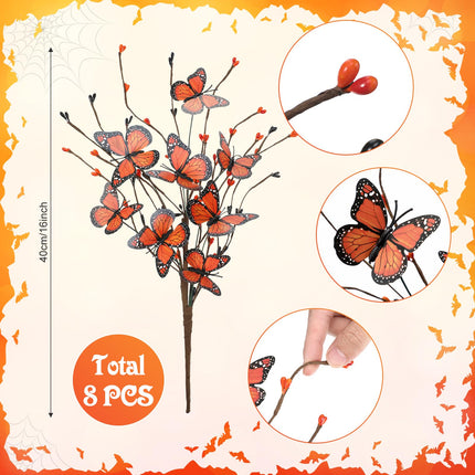 8 Pcs Christmas Tree Flower Picks Artificial Berries Stem Decoration Flower Vase Filler Ornament Table Centerpiece Picks Spray for Halloween Christmas Tree Topper DIY Home Decor (Monarch Butterfly)