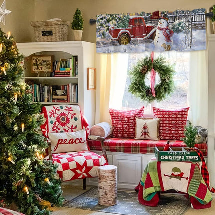 Christmas Snowman Valances Windows Curtain Red Truck with Xmas Tree Kitchen Valances Rod Pocket Snowy Winter Short Topper Curtains for Winter Holiday Christmas Decorations 1 Panel,54 by 18 inches