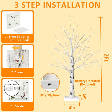 Remon 2FT Birch Tree Light with 36 LEDs Tabletop Lamp with Timer, Lifelike Artificial Hand Drawn Tree for Home Party Wedding Holiday, Jewelry Holder, Battery Operated Small Christmas Tree(2PK)