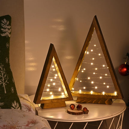 Wooden Christmas Tree Tabletop Christmas Tree with Lights Modern Farmhouse Christmas Decor Small Christmas Tree Mantle Christmas Decorations Holiday Decor Set of 2 (Large 14.3" Medium 10.2")