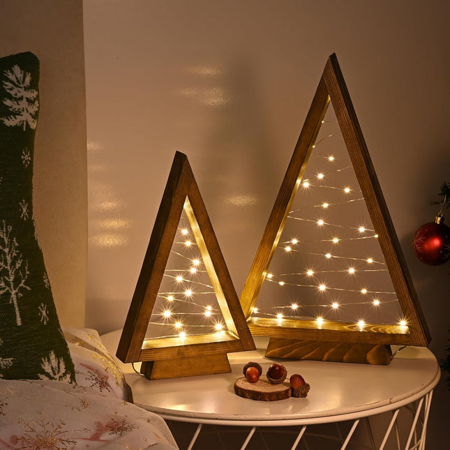 Wooden Christmas Tree Tabletop Christmas Tree with Lights Modern Farmhouse Christmas Decor Small Christmas Tree Mantle Christmas Decorations Holiday Decor Set of 2 (Large 14.3" Medium 10.2")