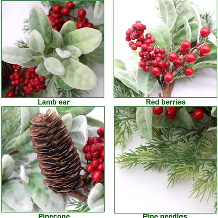 19 inch Artificial Christmas Wreath for Front Door Winter Holiday Wreath with Flocked Lambs Ear, Red Berry Clusters, Pine Needle Branches, Pinecones for Indoor Outdoor Home Wall Window Xmas Decor