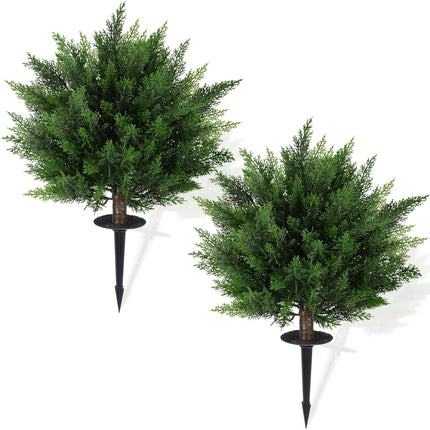 28.35 Inch 2 Set Artificial Cypress Topiary Tree, Outdoor Indoor Faux Boxwood Bush Plants, Fake Cedar Potted with Ground Spike for Home Front Porch Decor Outside Garden