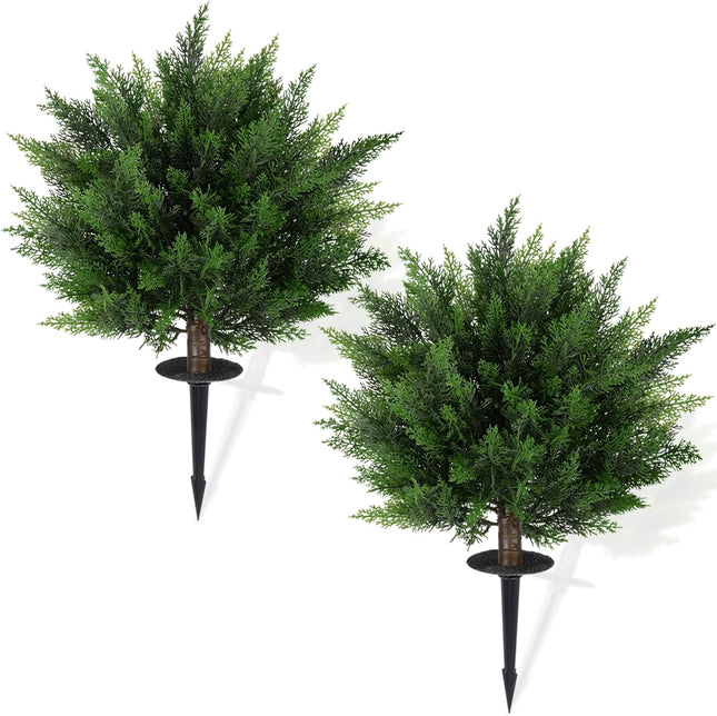 28.35 Inch 2 Set Artificial Cypress Topiary Tree, Outdoor Indoor Faux Boxwood Bush Plants, Fake Cedar Potted with Ground Spike for Home Front Porch Decor Outside Garden