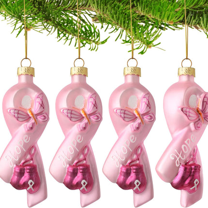 Jetec 4 Pieces Christmas Glass Ornament Breast Cancer Awareness Pink Ribbon Blown Ornament Decoration Hanging Breast Cancer Ornaments for Christmas Tree Pink Hope Ribbon Ornament with Butterfly Gloves