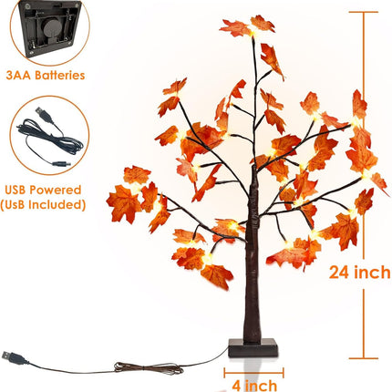 2FT 25LED Artificial Lighted Maple Tree,Timer Function Prelit Fall Decor Maple Tree with Warm White Light Lamp Battery Operated and USB for Indoor Outdoor Harvest Halloween Thanksgiving Day