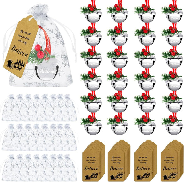 24 Sets Christmas Believe Bells Santa Sleigh Bells with Snowflake Organza Bags Pine Needles Red Berry Tags Christmas Bells Ornaments for Xmas Tree Wreath Wrapping