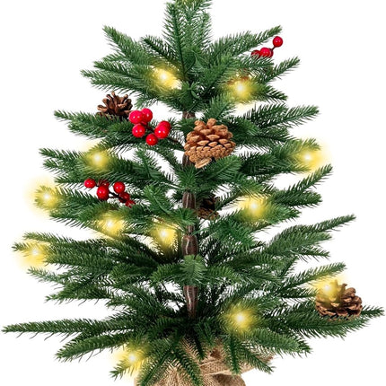 Small Christmas Tree with Lights Tabletop Christmas Tree with 57 PE Tips, 8 Pinecones, 8 Berries, 45 Lights Fluffy Pre-Decorated 2ft Xmas Tree - Add Festival Touch Green Mini Christmas Tree
