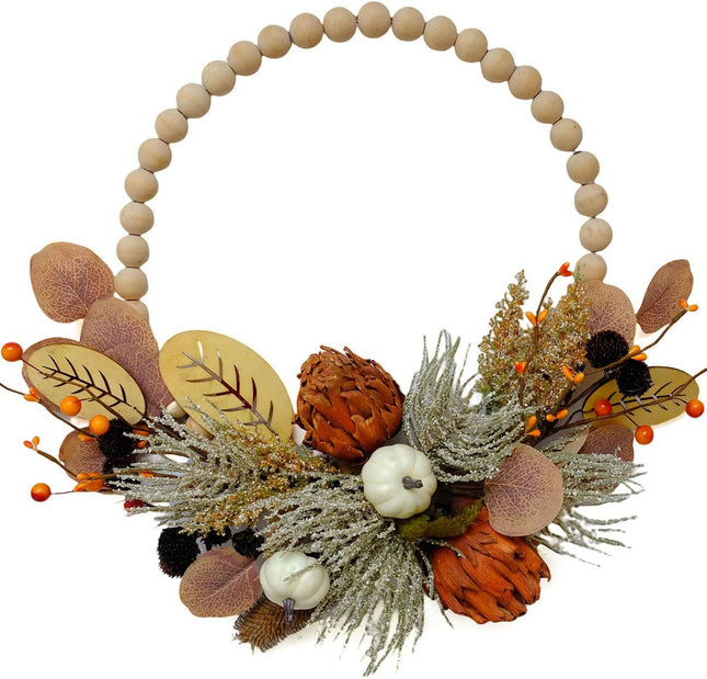 TEMPUS 16" Fall Wood Bead Front Door Wreath Artichoke Wood Chip Autumn Leaf Wreath Harvest, Thanksgiving Indoor and Outdoor Decor Farmhouse Front Door Decor …