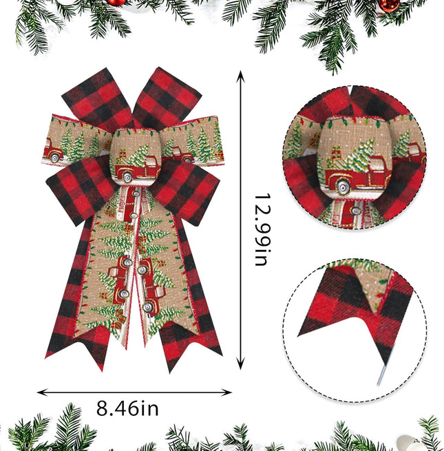 ABTOLS 2PCS Christmas Wreath Bows, Black Red Buffalo Plaid Bows for Wreath Xmas Truck Bows for Front Door Christmas Tree Wall Ornaments Tree Topper Bows for Christmas Home Indoor Outdoor Decor