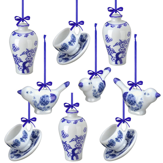 Funtery 9 Pieces Blue and White Porcelain Ornaments Chinoiserie Fall Pumpkin Decor Hanging Pendant Christmas Decor Ceramic Christmas Tree Ornaments for Christmas Autumn Decoration (Vivid Style)
