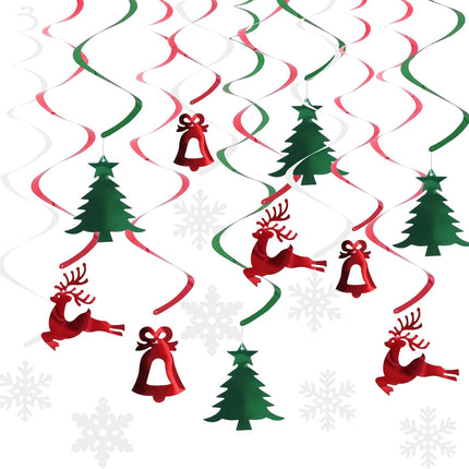 30 Pcs Christmas Hanging Foil Swirl Decorations Set, Xmas Hanging Reindeer Snowflake Green Christmas Tree Bell Swirls Decorations, Hanging String Garland for Indoor Holiday Winter Wall Party Office