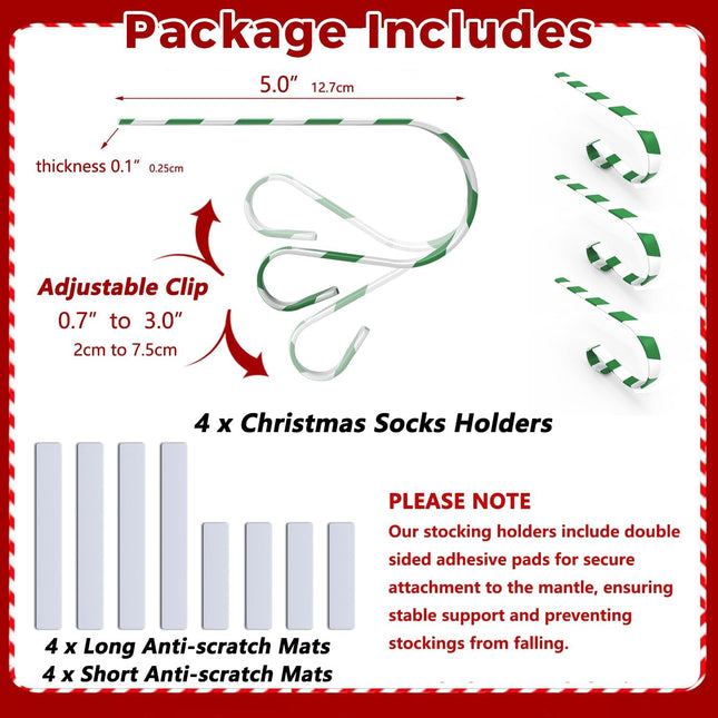 Christmas Stocking Holder for Mantle - Set of 4 Adjustable Xmas Stocking Hangers for Fireplace, Metal Weighted Mantle Garland Clips Hook for Extra Thick/Large/Flat/Square/Brick/Wood Mantle