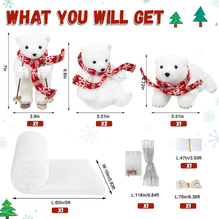 Polar Bear Christmas Staircase Decorations Set Banister Christmas Decorations with 4PCS Skiing Polar Bears & Artificial Snow & LED Lamp Belt, for Home Interior Christmas Stairs Decorations