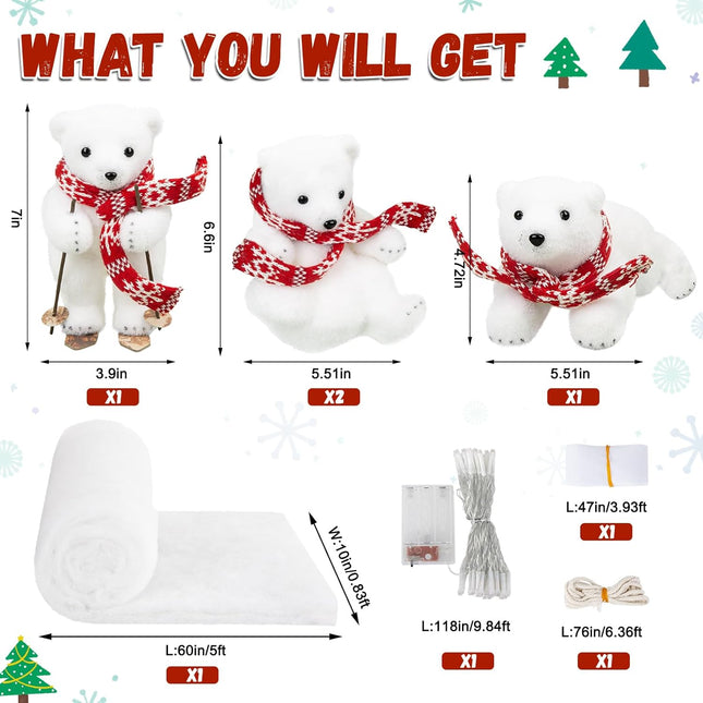 Polar Bear Christmas Staircase Decorations Set Banister Christmas Decorations with 4PCS Skiing Polar Bears & Artificial Snow & LED Lamp Belt, for Home Interior Christmas Stairs Decorations