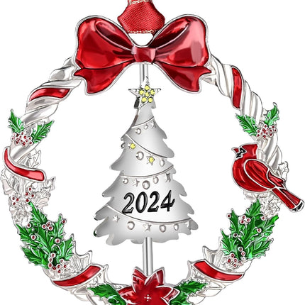 Dolicer Christmas Ornament for Christmas Tree Decoration, Hanging Silver Metal Dated Christmas Ornaments with Rotable Tree for Holiday Decorative Keepsake (1Pack)