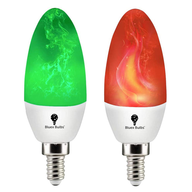 2 Pack E12 Flame Bulb LED Red Green Fire Bulbs - Decorative Flickering Bulbs 3 Mode 3W Candelabra Candle Green Red Light Bulb for Chandelier Vintage Christmas Light Bulbs, Party