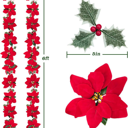 2 Pack Poinsettia Garland Christmas Decorations, Velvet Silk Artificial Flowers 6ft Garland with Red Berries and Holly Leaves for Indoor Outdoor Party Tree Decor