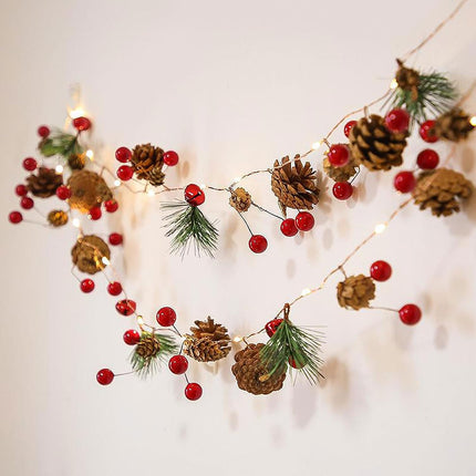 CCINEE 6.56ft Christmas Pine Cone Garland, Light up Garland String Lights Battery Operated Christmas Decor with Red Berry Pine Cone Indoor Decorations for Fireplace